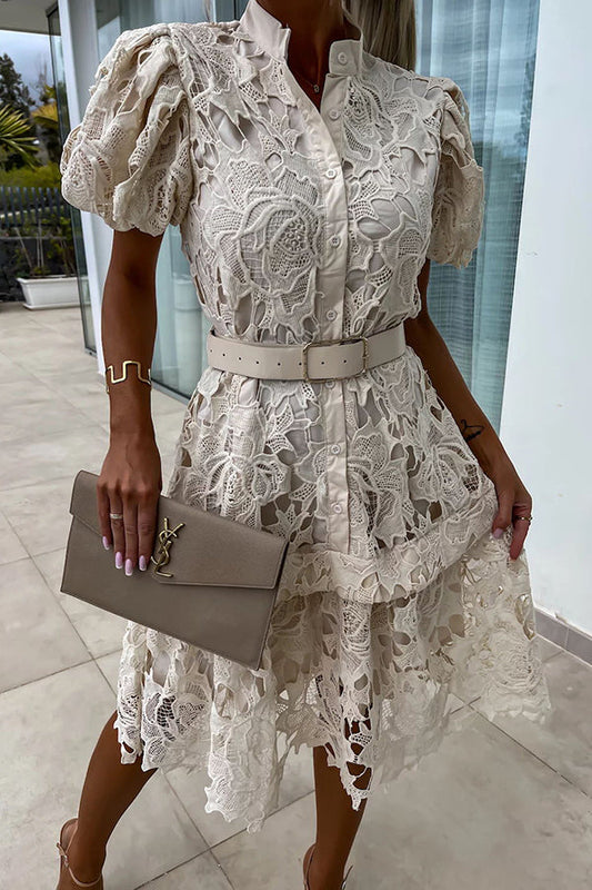 JO | Absolutely Elegant Floral Crochet Lace Puff Sleeve Belted Shirt Midi Dress