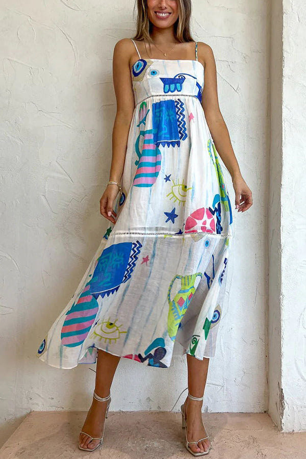 JO | She's The Fun Linen Blend Playful Print Ladder Trim Midi Dress
