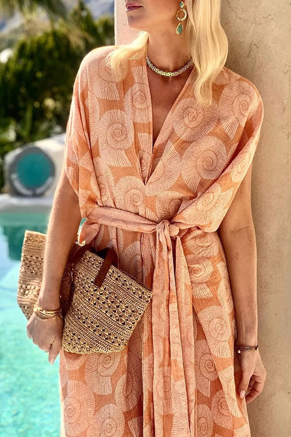 JO | Fashion Conch Print V-Neck Lace-Up Beach Midi Dress