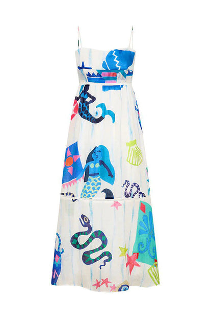 JO | She's The Fun Linen Blend Playful Print Ladder Trim Midi Dress