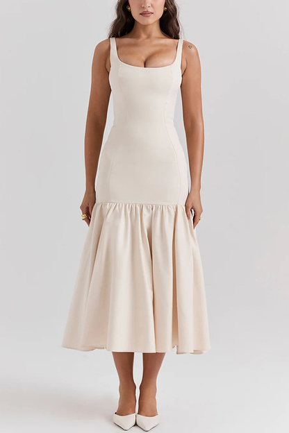 JO | Graceful Silhouette Square Neckline Wide Strap Drop Waist Midi Dress