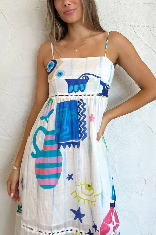 JO | She's The Fun Linen Blend Playful Print Ladder Trim Midi Dress