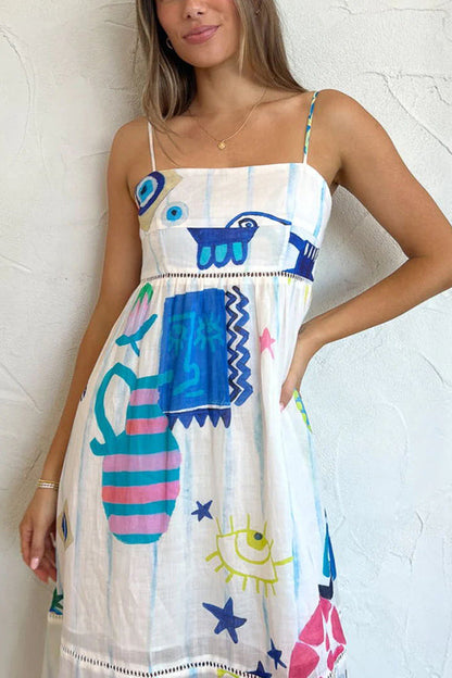 JO | She's The Fun Linen Blend Playful Print Ladder Trim Midi Dress