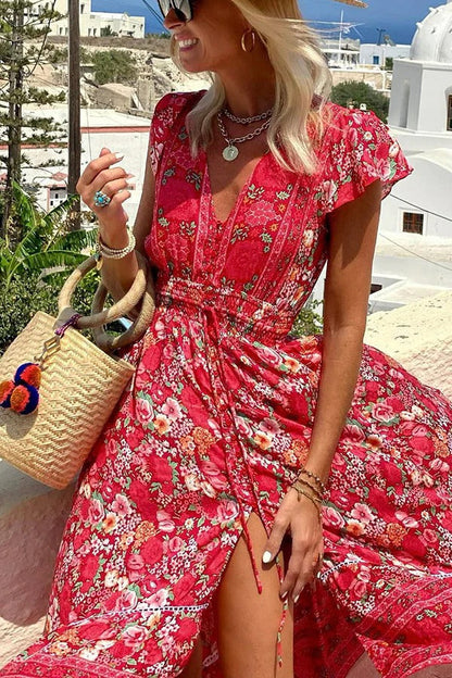 JO | Summer in Greece Boho Print Ruffle Sleeves Elastic Waist High-Low Midi Dress