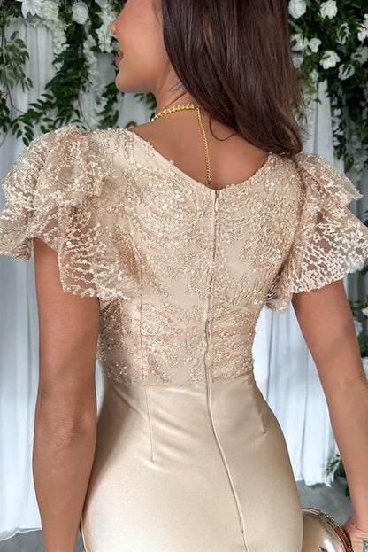 JO | Dreamy luxury lace and satin patchwork ruffle sleeves ruffled midi dress