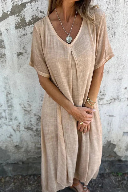 JO | Bayside Bliss linen blend short sleeve pleated loose midi dress