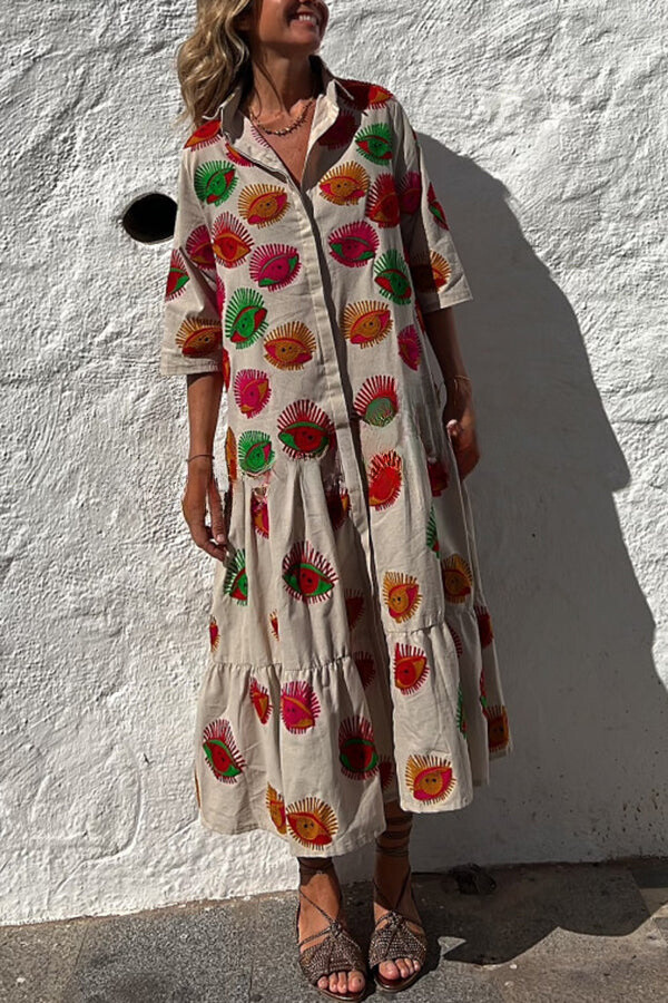 JO | Take Me To Cabo Ethnic Unique Print Button Loose Shirt Midi Dress