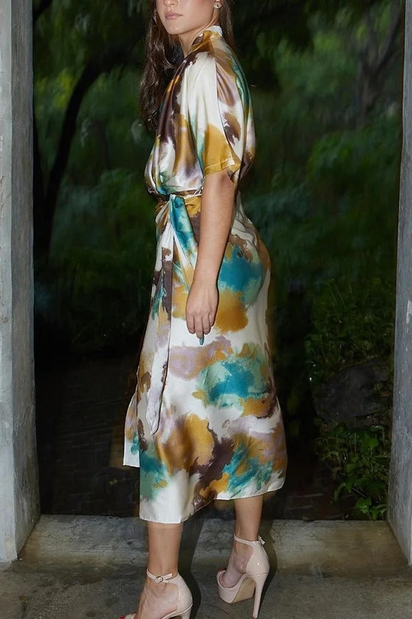 JO | Cityscape Moment Satin Tie Dye Print Half Sleeve Wrap Midi Dress