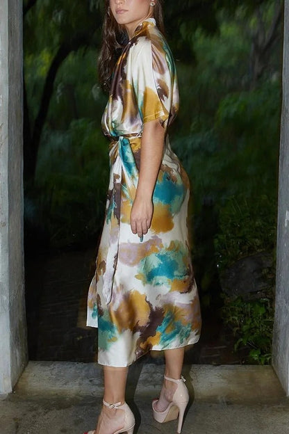 JO | Cityscape Moment Satin Tie Dye Print Half Sleeve Wrap Midi Dress