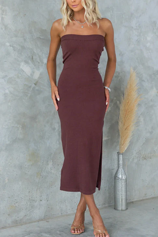 JO | Strapless midi dress with ribbed knit and slit