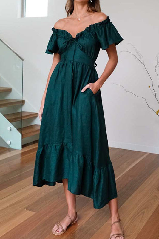 JO | RUCHED HEM OFF-THE-SHOULDER MIDI DRESS