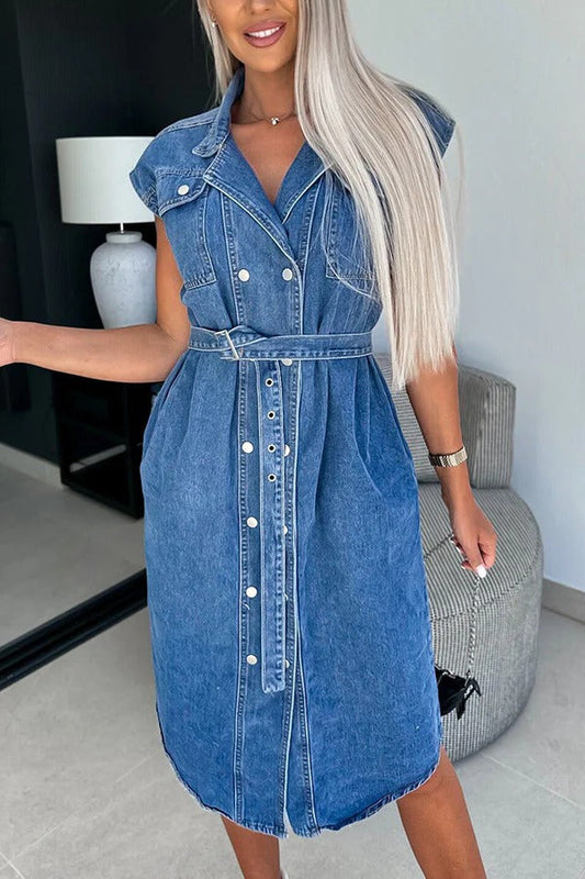 JO | Solid Color Casual Lapel Sleeveless Button Pocket Waist Tie Denim Midi Dress