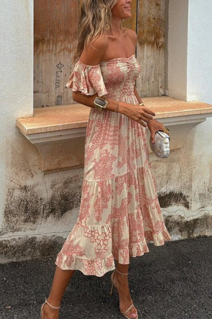 JO | Pitaya Unique Print Off Shoulder Smocked Ruffle Sleeve Layered Midi Dress
