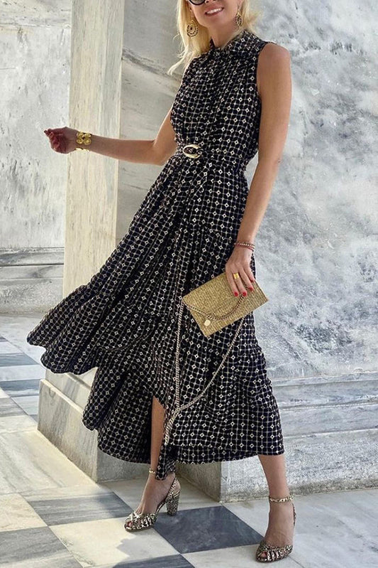 JO | Unique print lapel sleeveless fitted midi dress