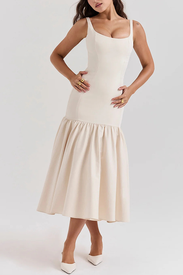 JO | Graceful Silhouette Square Neckline Wide Strap Drop Waist Midi Dress