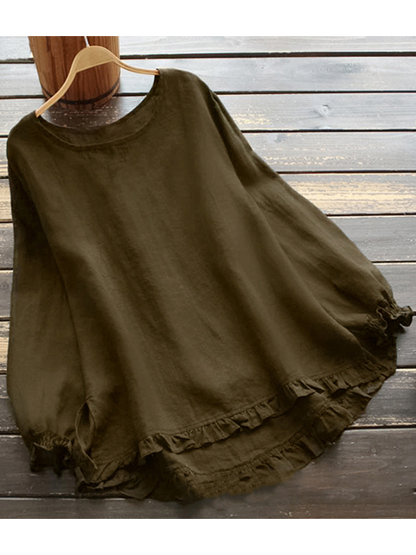 JO | O-Neck Solid Long Sleeve Ruffle Linen Tops