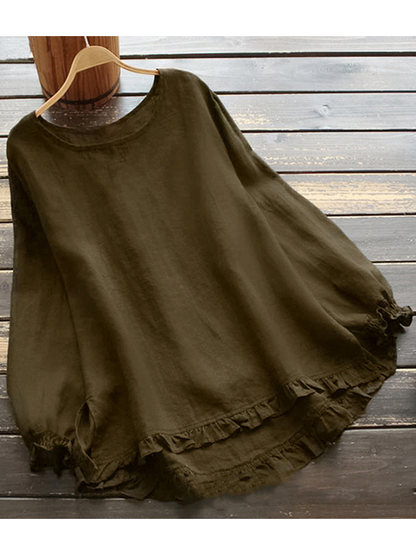 JO | O-Neck Solid Long Sleeve Ruffle Linen Tops