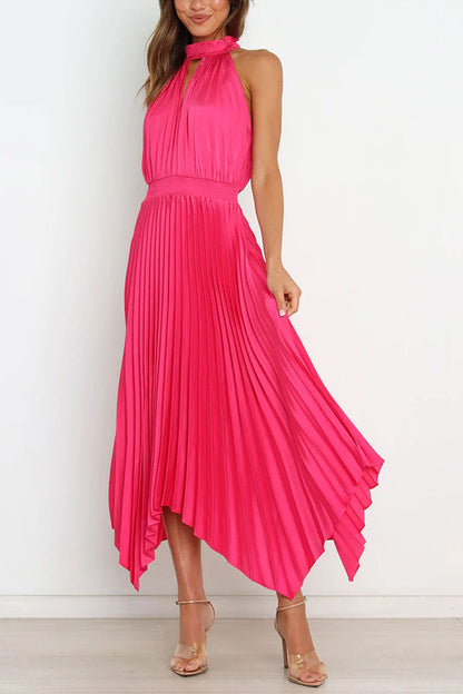 JO | Luxe Look Satin Pleated Halter Elastic Waist Midi Dress