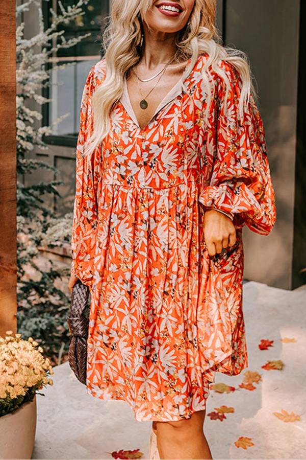 JO | Orange Floral Print Split V-Neck Bubble Sleeve Plus Size Midi Dress