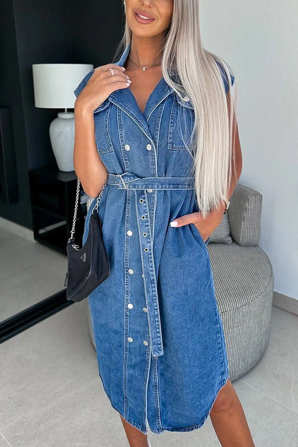 JO | Solid Color Casual Lapel Sleeveless Button Pocket Waist Tie Denim Midi Dress