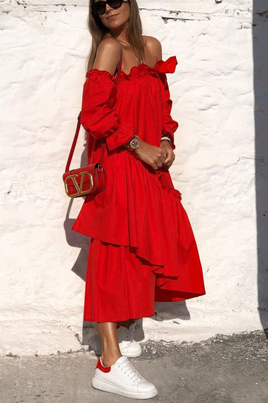 JO | Fionna Off Shoulder Ruffle Irregular Trim Loose Midi Dress