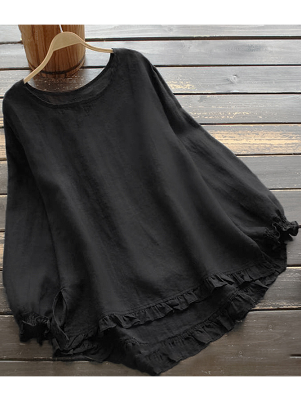 JO | O-Neck Solid Long Sleeve Ruffle Linen Tops