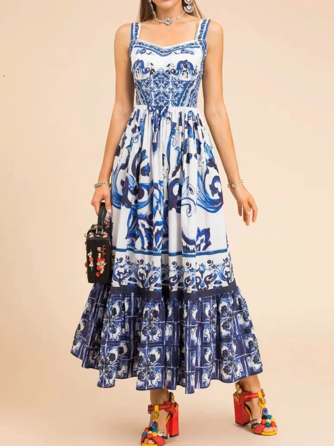 JO | Smocked printed dress with wide straps