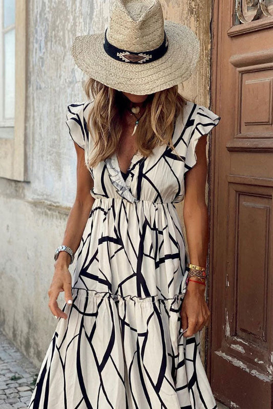 JO | Geometric print V-neck ruffle midi dress