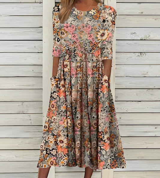 JO | Printed midi dress with round neckline and pockets