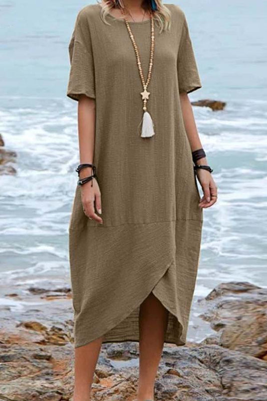 JO | Solid Color Cotton Linen Retro Round Neck Short Sleeve Midi Dress