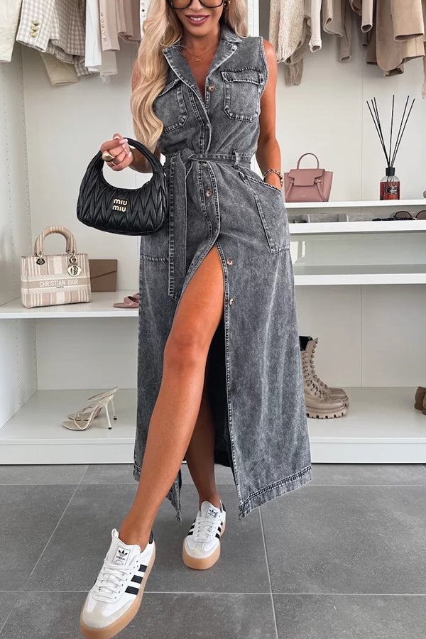 JO | Solid Color Sleeveless Single Breasted Waist Tie Casual Bag Denim Midi Dress