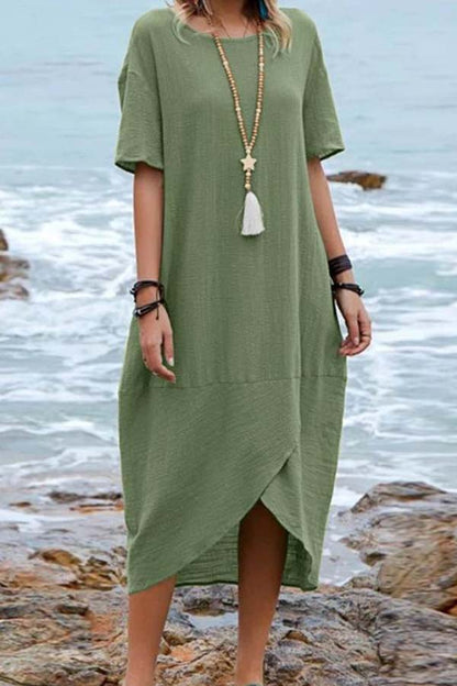 JO | Solid Color Cotton Linen Retro Round Neck Short Sleeve Midi Dress