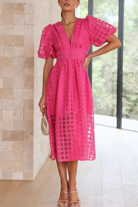 JO | Remarkable Beauty Square Patterned Fabric Puff Sleeve Party Midi Dress