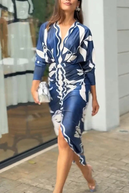 JO | Caliana Unique Print Dolman Long Sleeve Ruffled Slit Midi Dress
