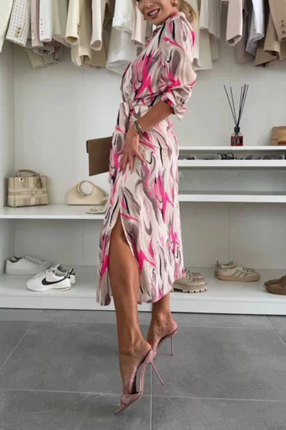 JO | Elegant Ease Satin Printed Midi Dress with Waist