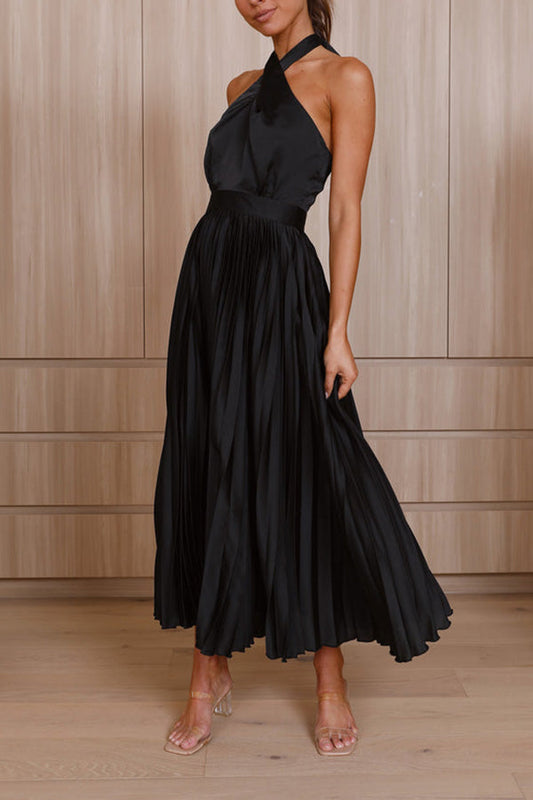 JO | Beaming Smile satin halterneck pleated midi dress