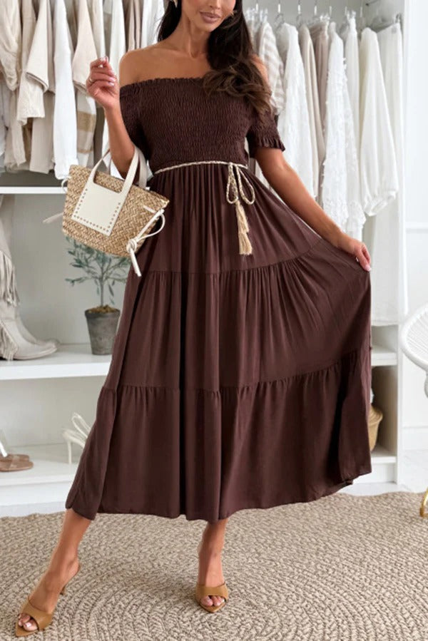 JO | Plain-colored off-the-shoulder midi dress with pleated waist