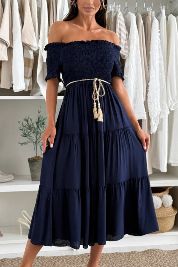 JO | Plain-colored off-the-shoulder midi dress with pleated waist