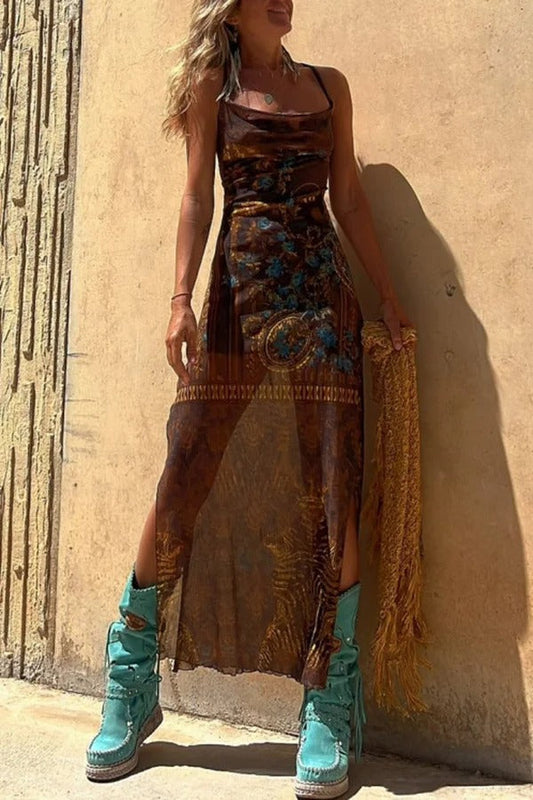 JO | Gypsy Style Unique Print Cowl Neck Back Lace Up Slit Midi Dress