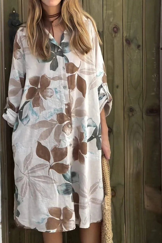 JO | Botanical Print Long-sleeved, single-breasted, loose midi dress with pockets