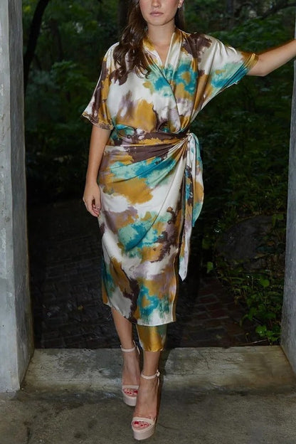 JO | Cityscape Moment Satin Tie Dye Print Half Sleeve Wrap Midi Dress