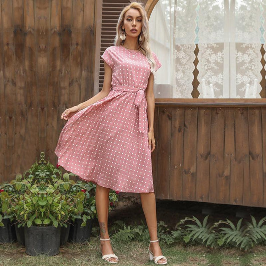 JO | Summer Women Polka Dot Short Sleeve Dress Casual Bandage Party Pleated Midi Dresses Elegant Green Office Lady Clothes