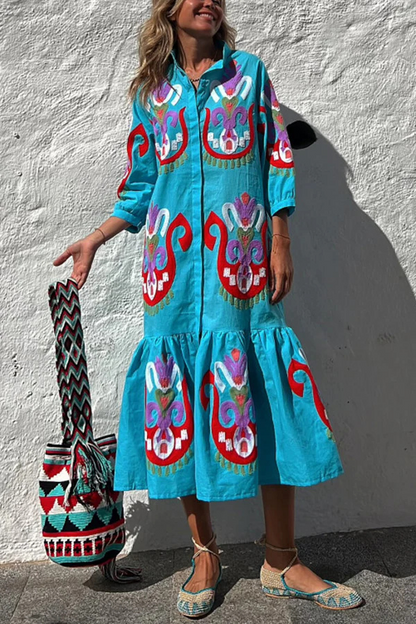 JO | Take Me To Cabo Ethnic Unique Print Button Loose Shirt Midi Dress