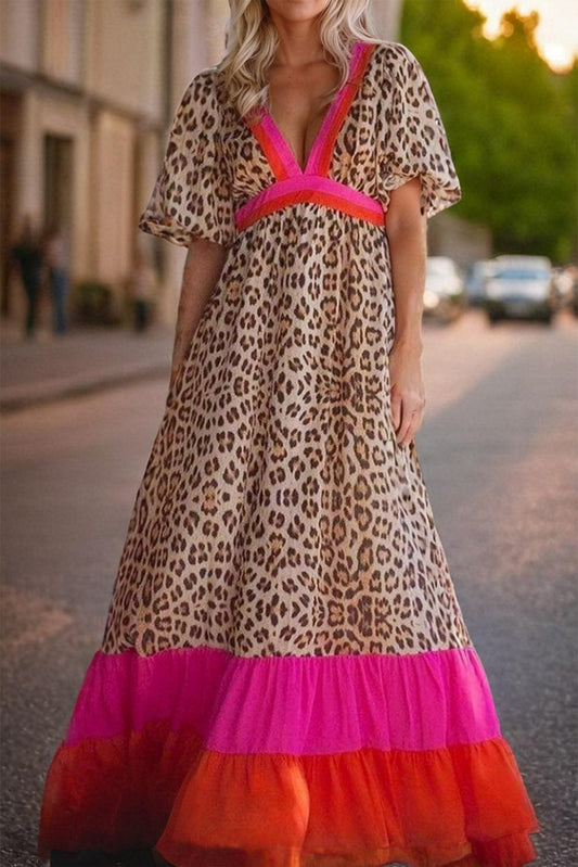 JO | Maxi dress with leopard print and puff sleeves for women