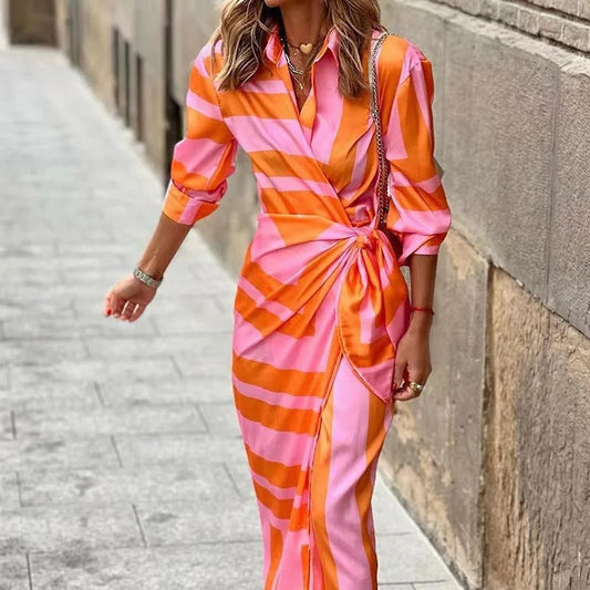 JO | Fashion V-neck striped midi dress with lacing
